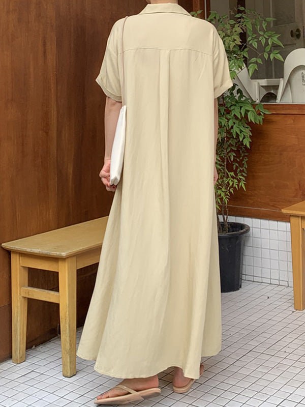 Notched Collar Button Front Patch Pocket Rolled Short Sleeve Maxi Shirt Dress