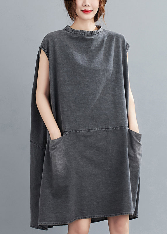 Stand Collar Cap Sleeve Front Patch Pocket Shift Mini Dress