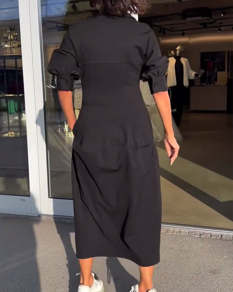 Collared V-Neck Short Sleeve Pocket Cocoon Midi Dress