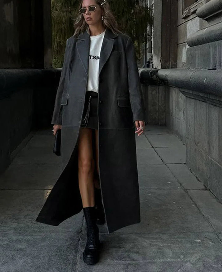 Distressed Faux Leather Single Breasted Maxi Trench Coat 3