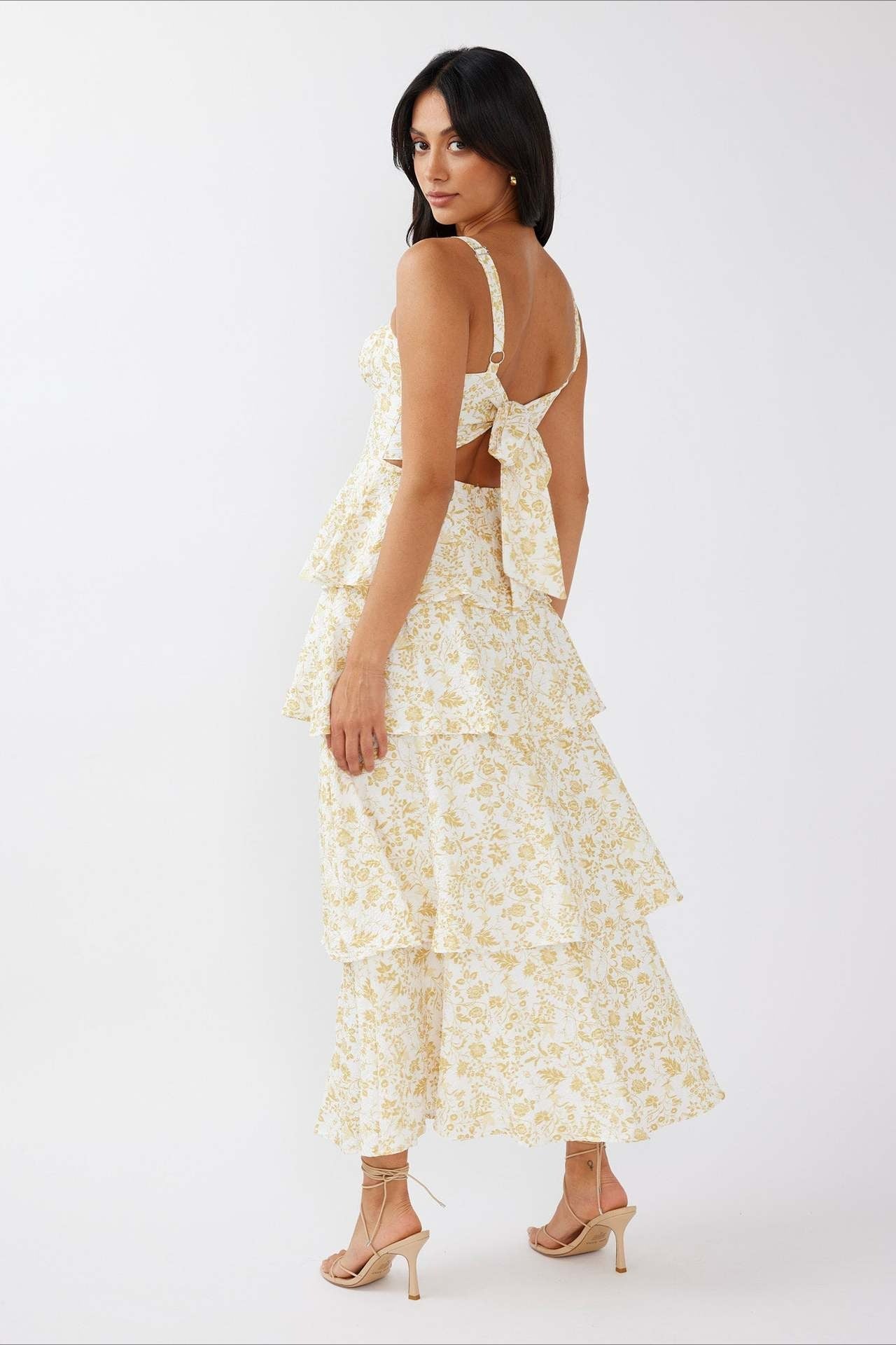 Bow Detail Printed Slim Party Floral Dress