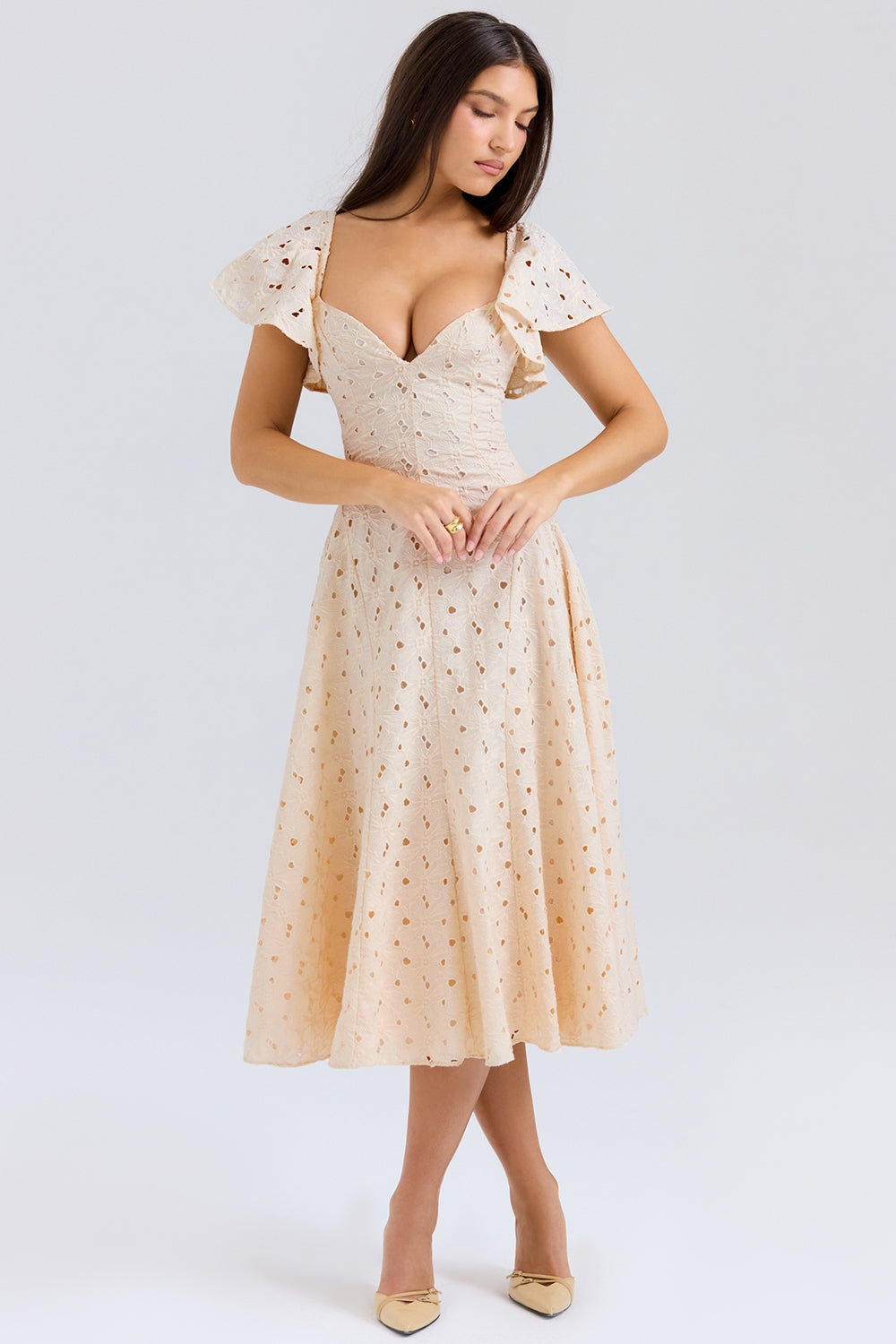Broderie Anglaise Flutter Sleeve Sweetheart Fit and Flare Midi Dress 4