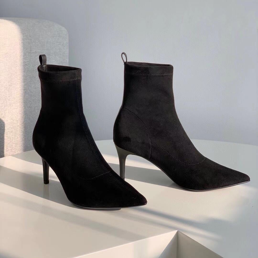 Classic Point Toe Sock Boots High Heel Stretch Boots��Elastic Suede Handmade Black/Brown