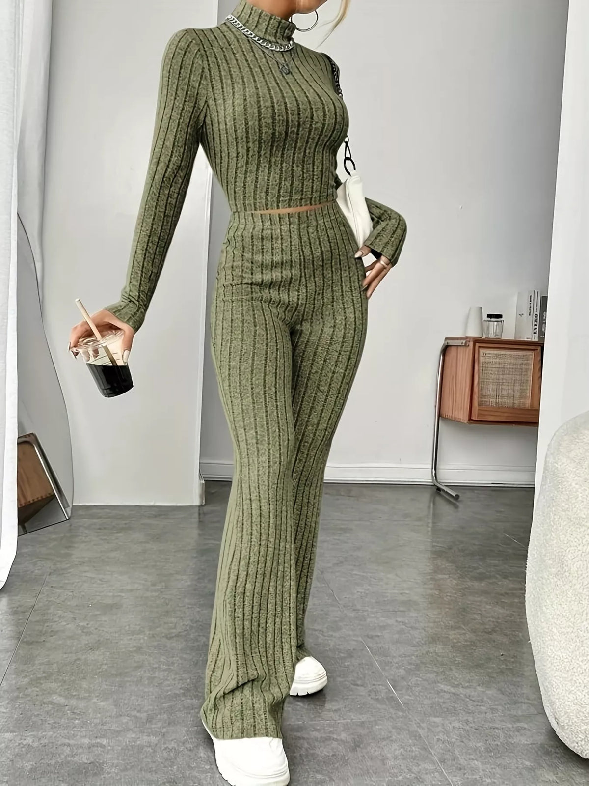 Mock Neck Long Sleeve Ribbed Knit Crop Top and Flare Pants Two Piece Set
