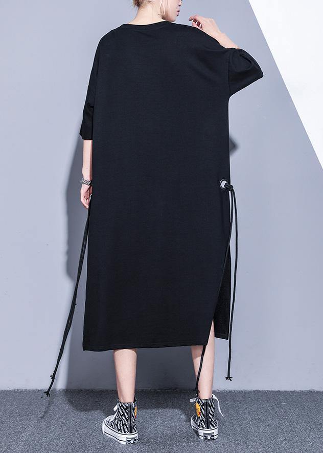 Graphic Letter Oversized Crew Neck Short Sleeve Side Slit Drawstring Midi Dress