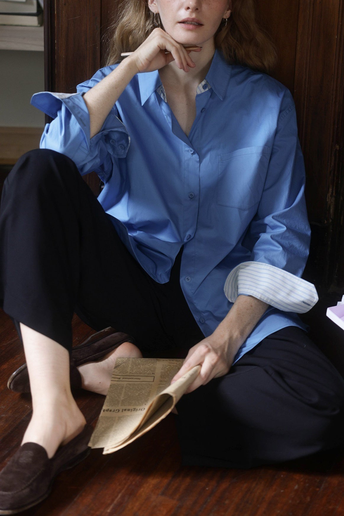 Collared Long Sleeve Contrast Striped Cuff Oversized Button Front Shirt