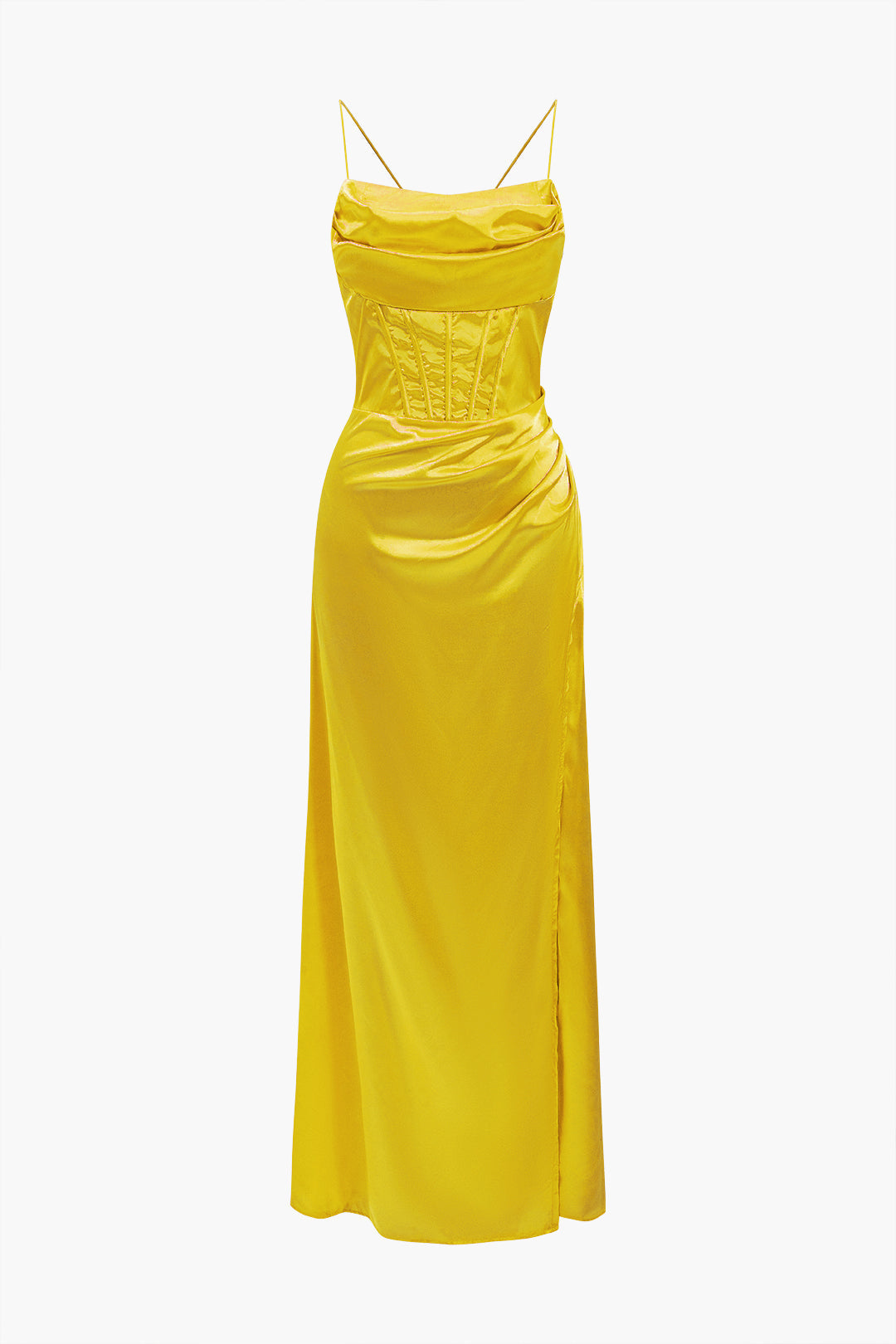 Satin Cowl Neck Corset Bodice Spaghetti Strap High Split Maxi Gown 27