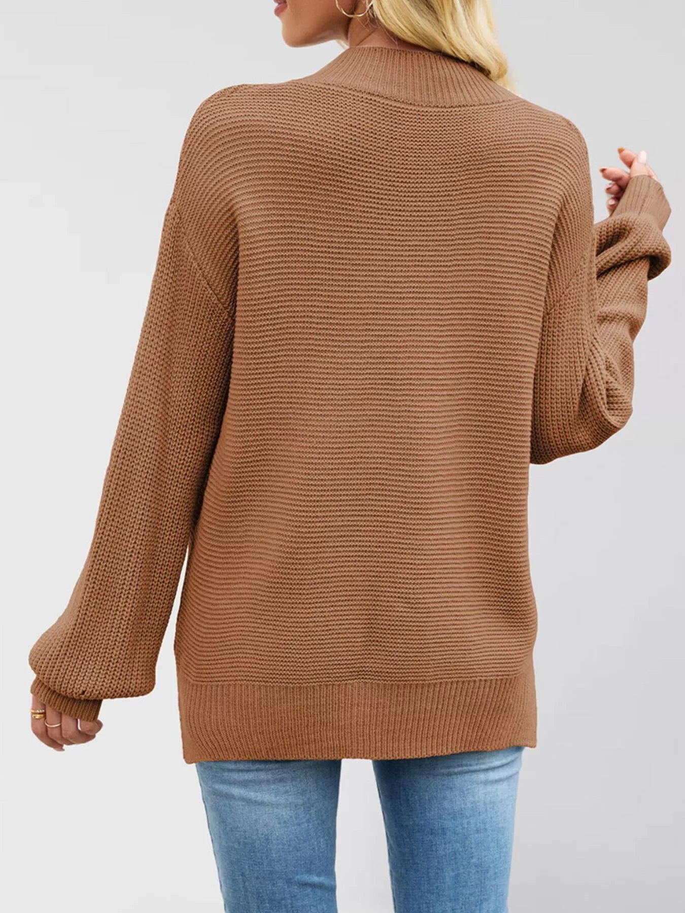 Ribbed Mock Neck Drop Shoulder Sweater