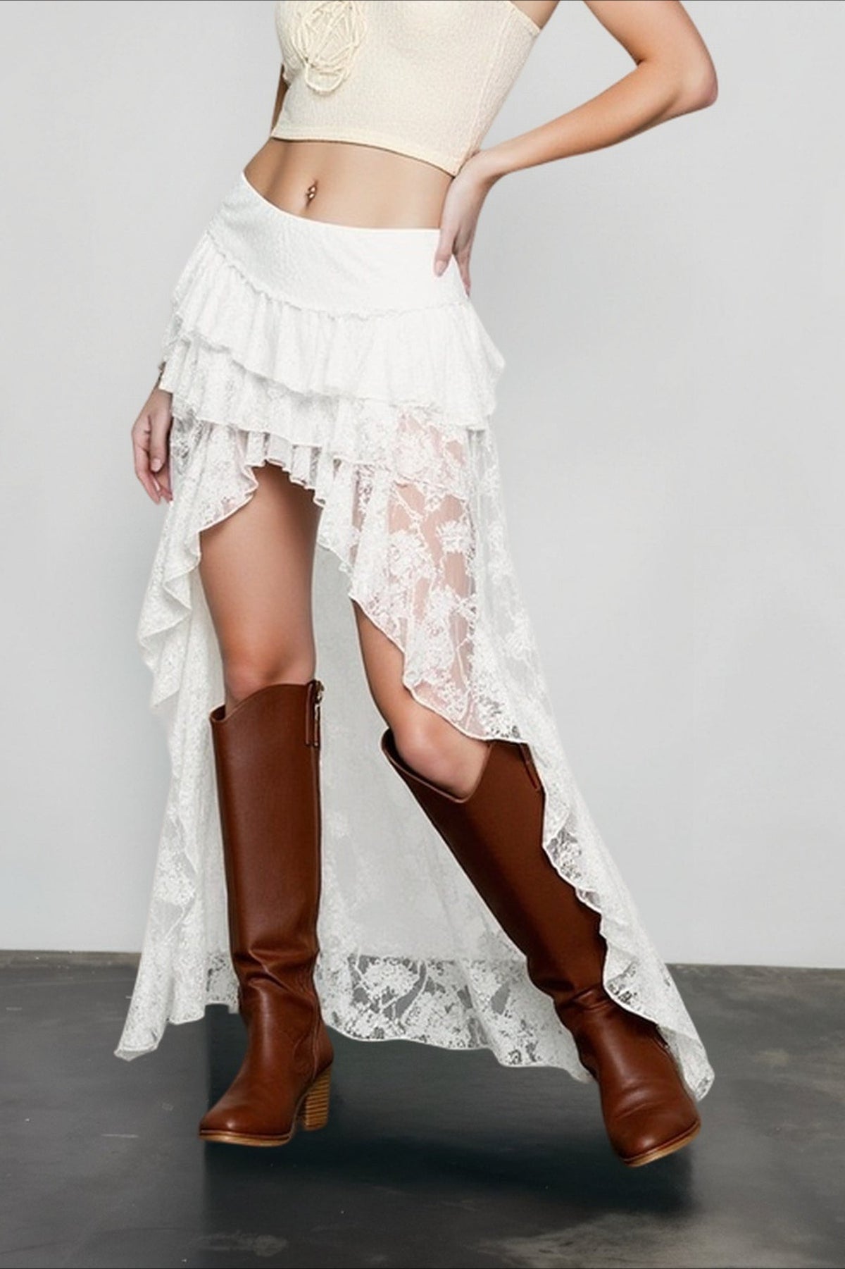 Lace Tiered Ruffle High Low Asymmetric Hem Maxi Skirt 2