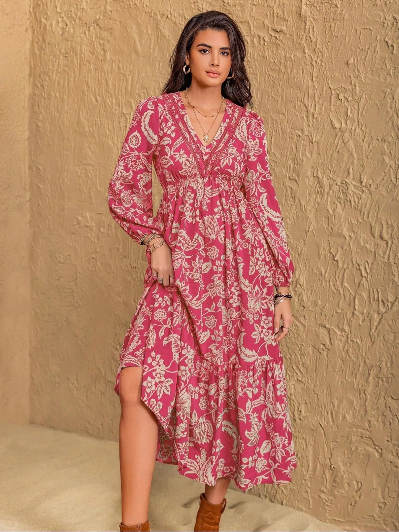 Floral Bishop Sleeve Lace Trim Tiered Midi Dress 3
