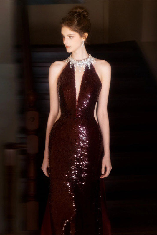 Sequin Halter Neck Plunge Backless Mermaid Gown