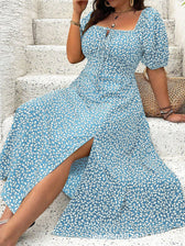 Floral Square Neck Puff Sleeve High Split Midi Dress 4