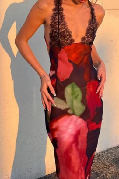 Floral Deep V-Neck Lace Trim Backless Bias Cut Slip Maxi Dress