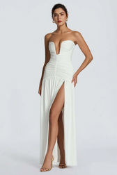 Solid Strapless High Slit Ruched Bodycon Party Dress