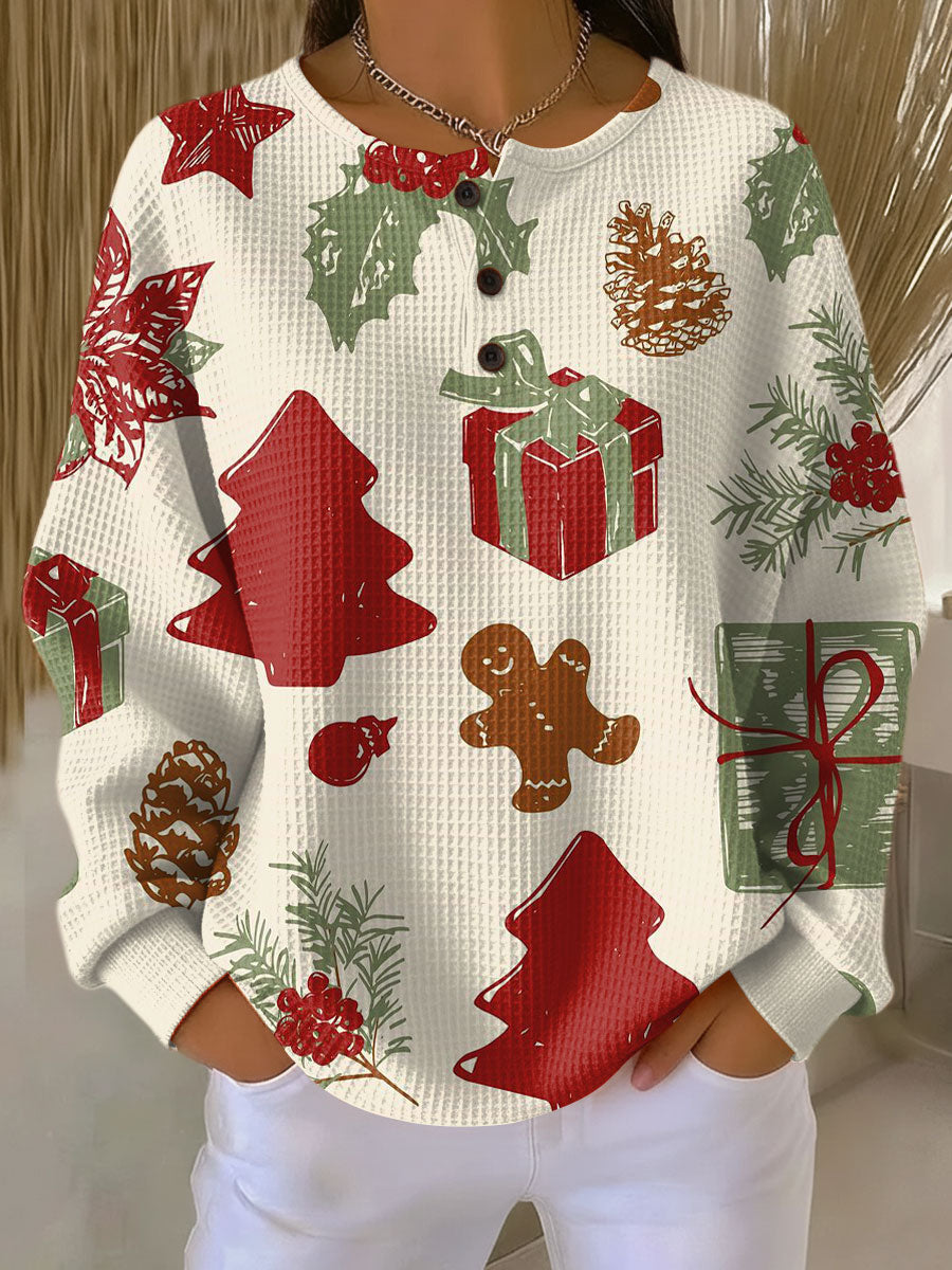 Christmas Print Waffle Knit Button Placket Sweatshirt