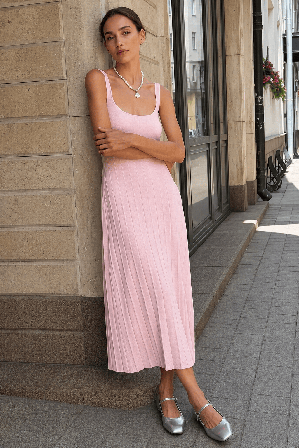 Knit Square Neck Pleated Slip Dress