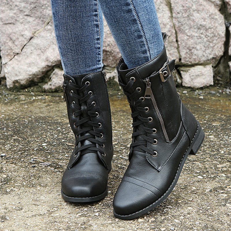 Lace Up Side Zip Buckle Block Heel Combat Boots