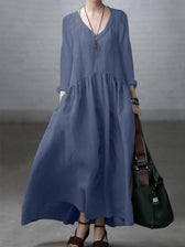 V-Neck Long Sleeve Pocket Drop Waist Maxi Dress 5