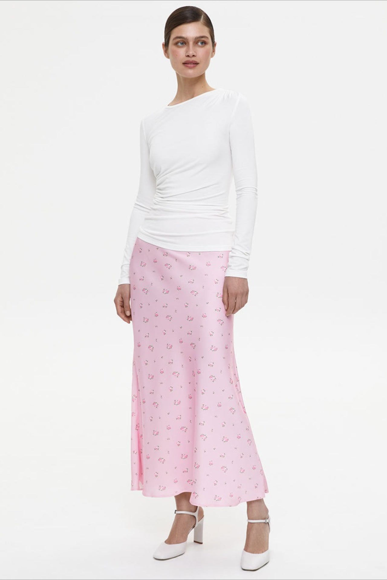 Draped Floral Print Satin Skirt