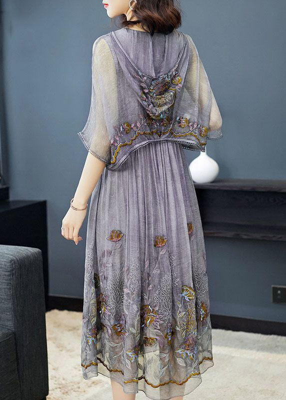 Hooded V-Neck Tie Front Short Flutter Sleeve Floral Embroidered Pleated Midi Dress