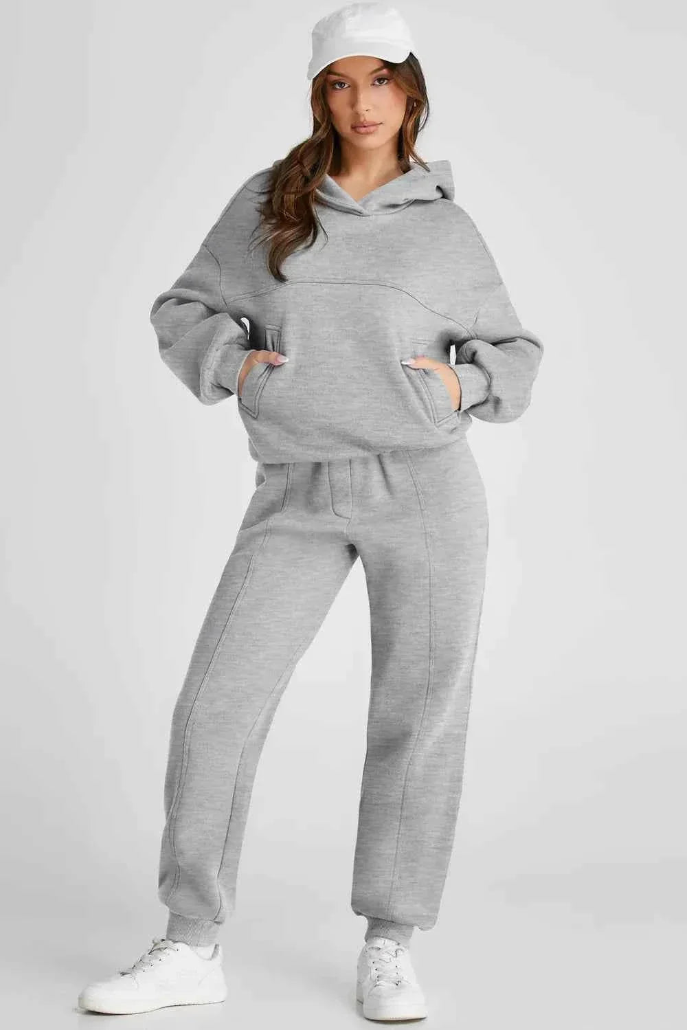 Dropped Shoulder Hoodie and Seam Front Jogger Pants Two Piece Set 2