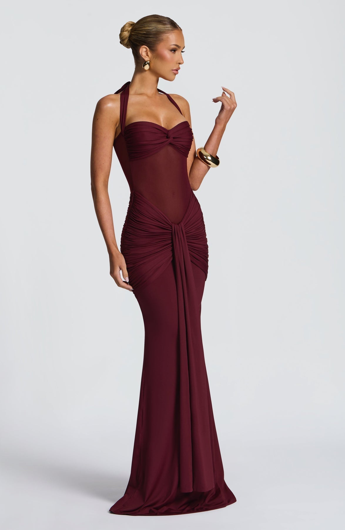 Halter Neck Twist Bust Sheer Mesh Ruched Drape Maxi Gown 2