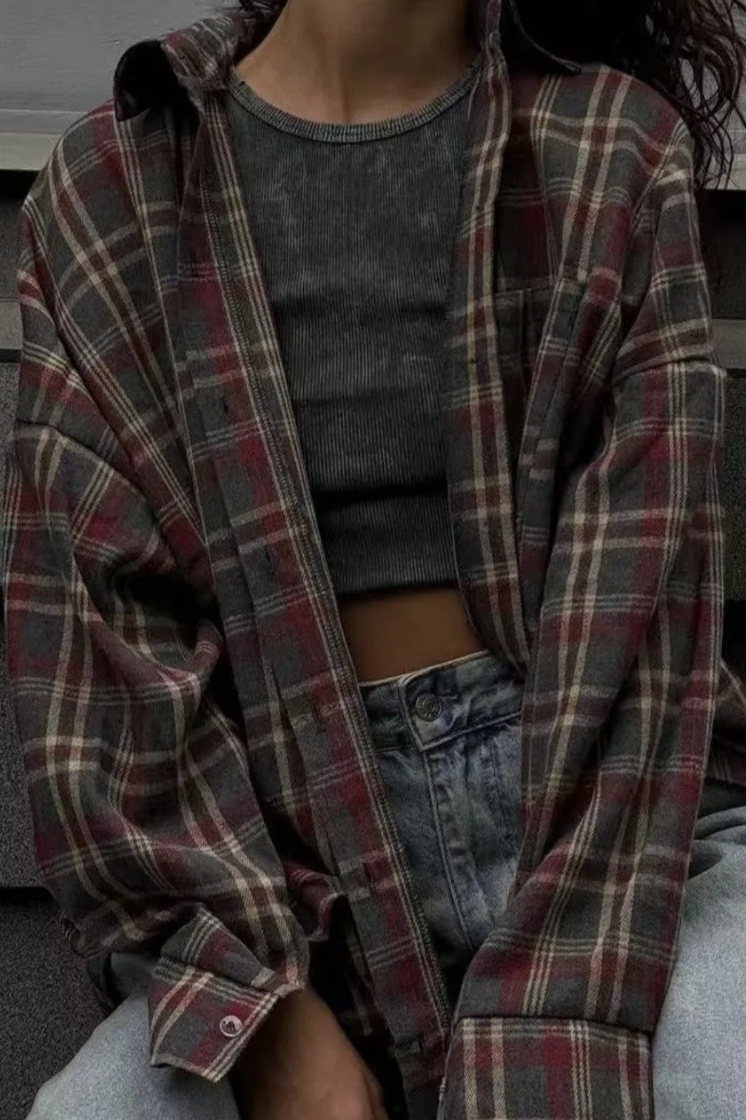 Plaid Collared Long Sleeve Button Front Oversized Shirt 4