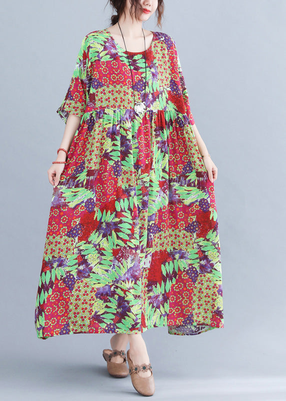 Patchwork Floral Print Round Neck Short Sleeve Empire Waist Pocket Maxi Dress