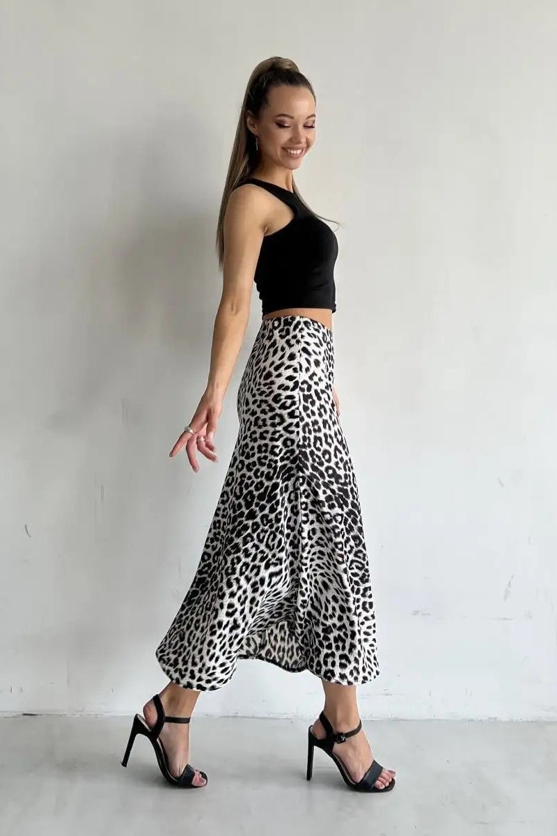 Satin Leopard Print Maxi Skirt