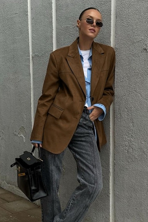 Suede-Look Notch Lapel Single Breasted Oversized Blazer