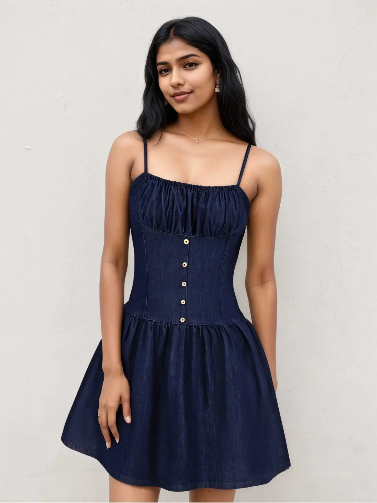 Denim-Look Ruched Bust Button Front Cami Skater Mini Dress