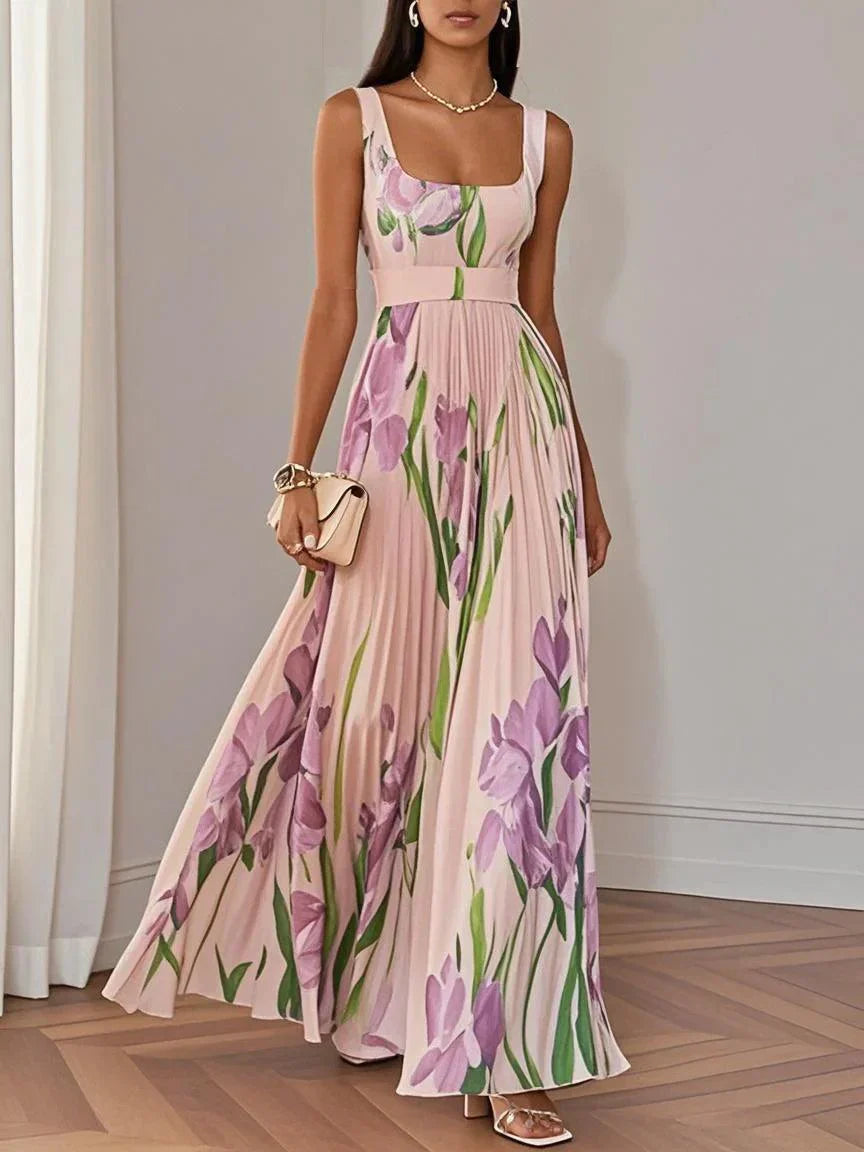 White Pleated Floral Chiffon Square Neck Sleeveless A-Line Maxi Dress Pink