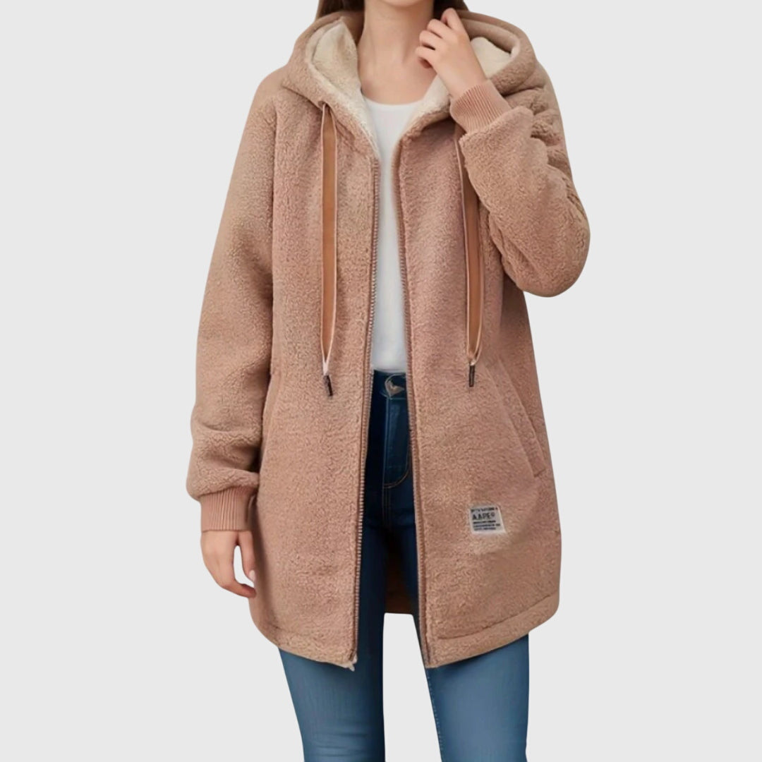 Hooded Zip Front Sherpa Fleece Longline Jacket