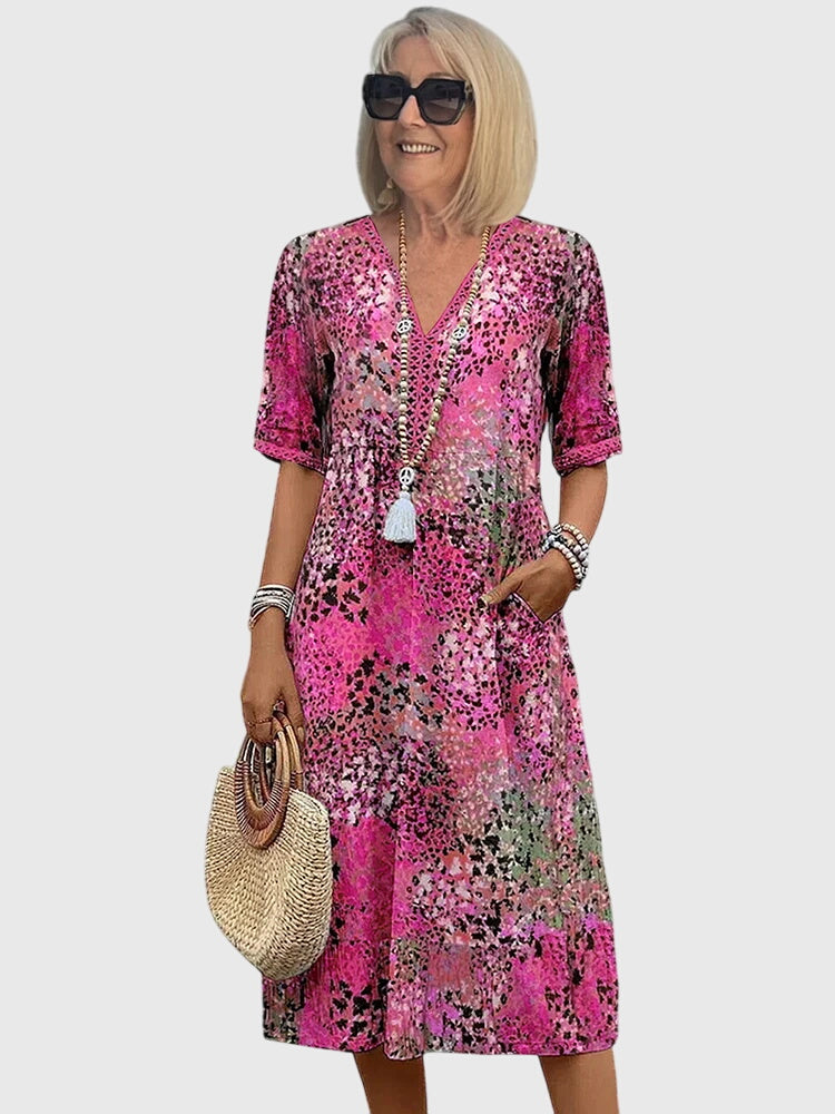 Animal Print V-Neck Short Sleeve Pocket Midi Dress