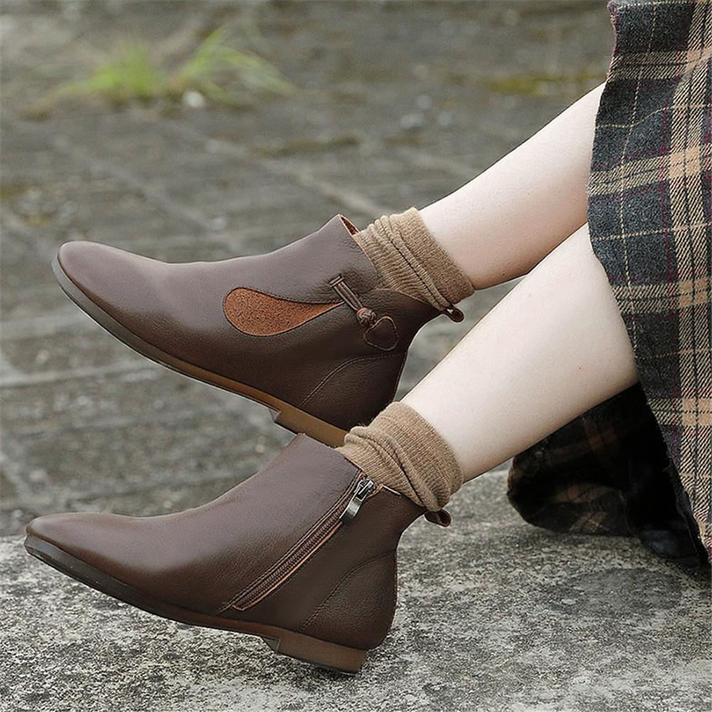 Mori Style Elegant Ankle Booties Low Heel Handmade Work Combat Boots Black/Coffee/Beige