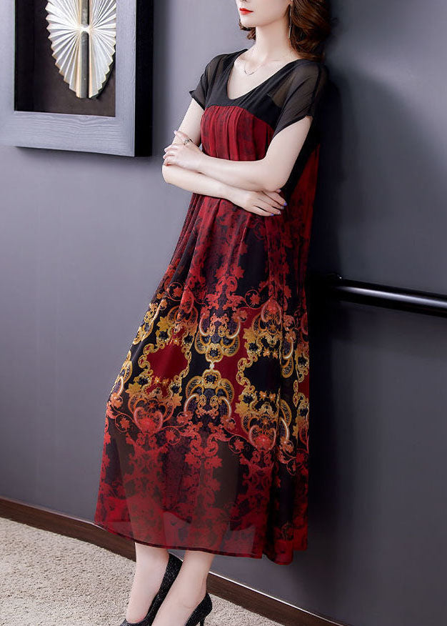 Baroque Damask Print V-Neck Sheer Short Sleeve Patchwork Chiffon Midi Dress