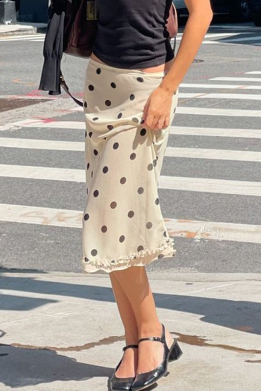 Polka Dot Ruffle Low Rise Midi Skirt