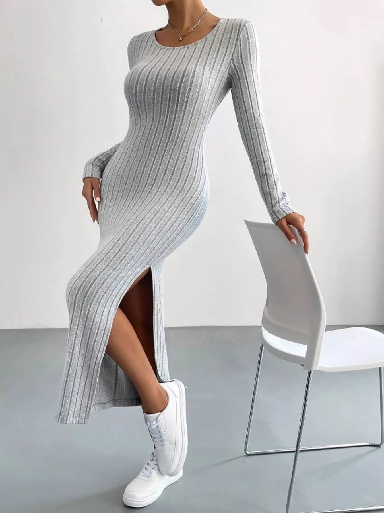 Full Size Ribbed Knit Bodycon Midi Dress Plus Size Light Gray