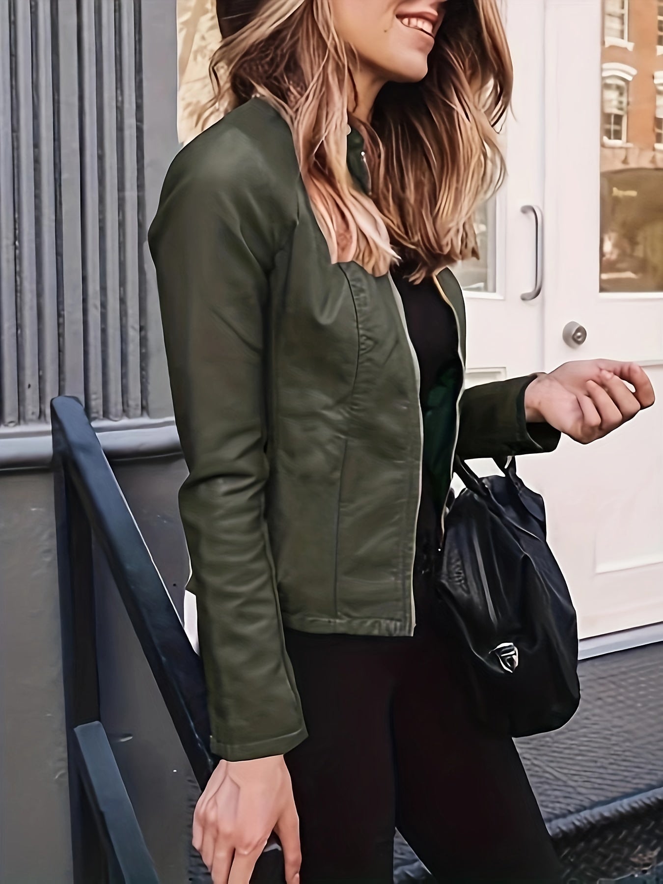 Solid Zipper Front Faux Leather Crop Jacket