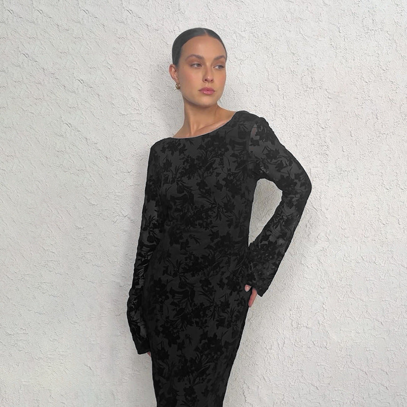 Flocked Floral Mesh Crew Neck Long Sleeve Backless Maxi Dress 4