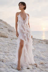 Plunge Mesh Asymmetric Ruffle Trim Long Slip Dress
