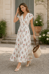 Elegant V Neck Embroidery Waist Long Floral Dress