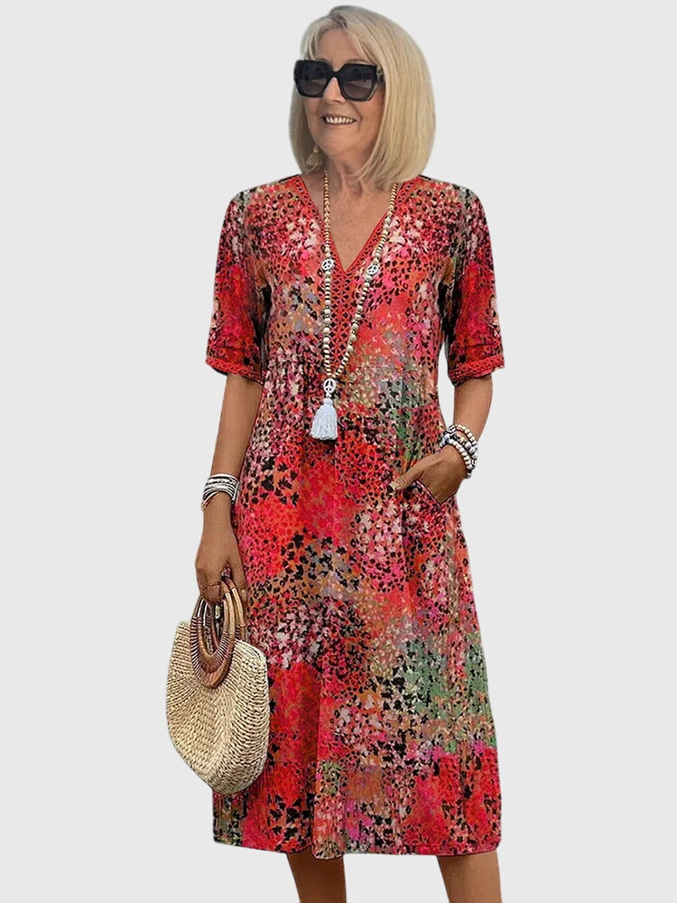 Abstract Print V-Neck Short Sleeve Midi Dress