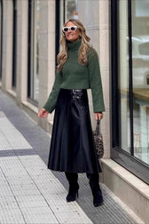 PU Leather Shirred A-Line Skirt