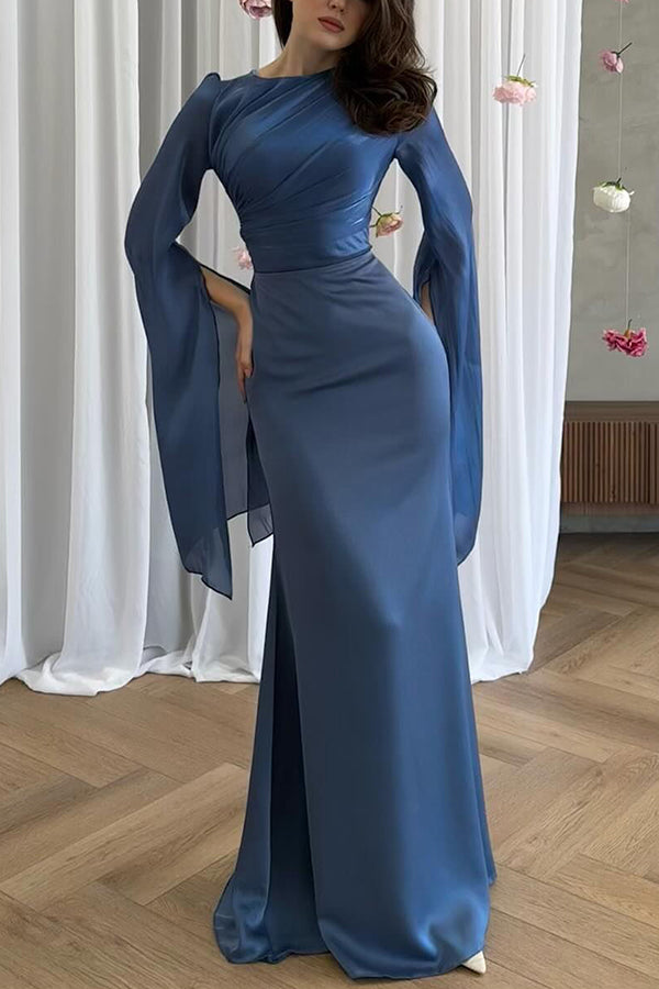 Liora Ruched Organza Satin Patchwork Long Bell Slit Maxi Dress - View 8