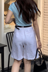 Tortoiseshell Button High Waist Linen Shorts