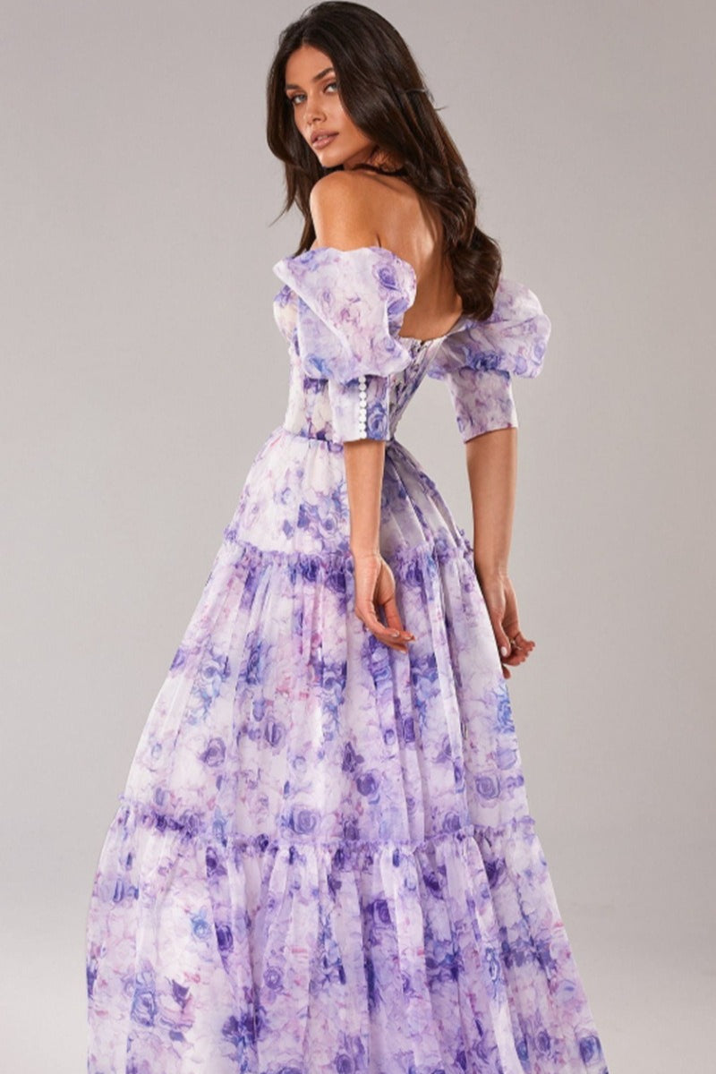 Floral Off Shoulder Puff Sleeve Sweetheart Tiered Maxi Dress