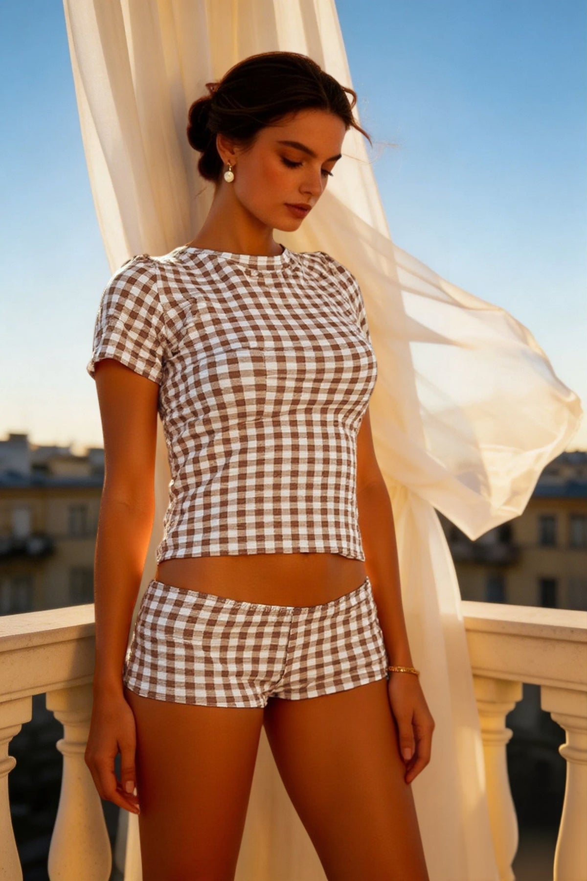 Gingham Crew Neck Short Sleeve Tee and Shorts Two Piece Set 3