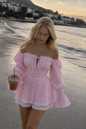 Lantern Sleeve Lace Up Off Shoulder Top Two Piece Shorts Set