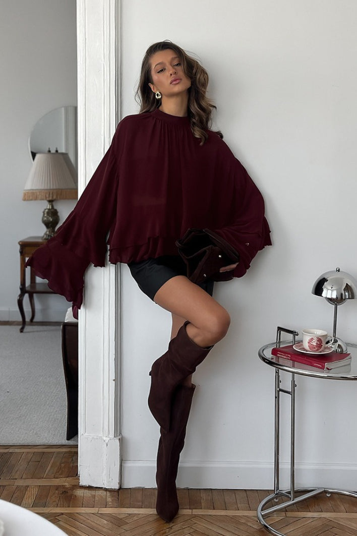 Mock Neck Tiered Ruffle Hem Flare Sleeve Chiffon Blouse 2